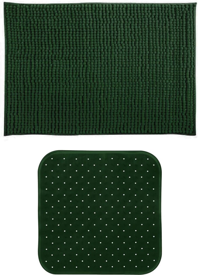 MSV Douche anti-slip mat en droogloop mat - Sevilla badkamer set - rubber/microvezel - donkergroen