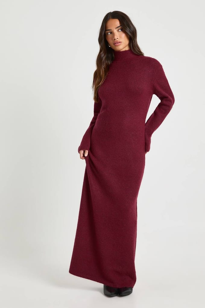 boohoo Dames Petite Superzachte Hoge Hals Gebreide Maxi-jurk | Bordeaux Rood | Maat: Medium