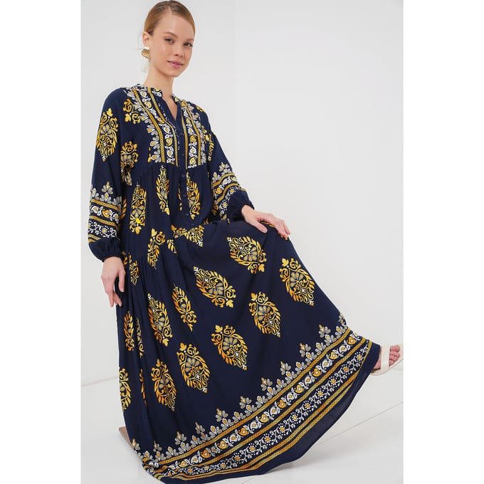 Geprinte V-hals Maxi Jurk met Knopen Sluiting