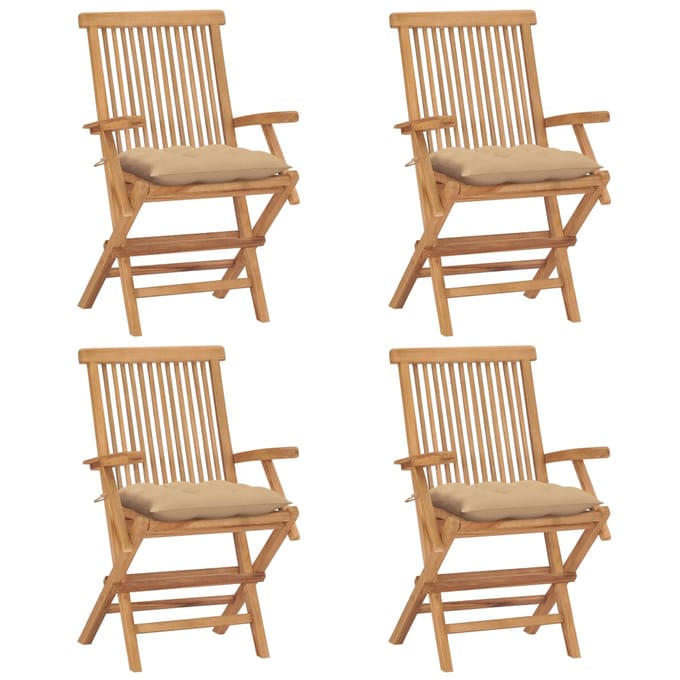 vidaXL - Opklapbare - stoelen - met - beige - kussens, - 4 - stuks, - massief - teakhout