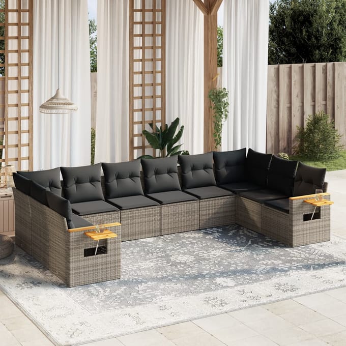 vidaXL - 10-delige - Loungeset - met - kussens - poly - rattan - grijs
