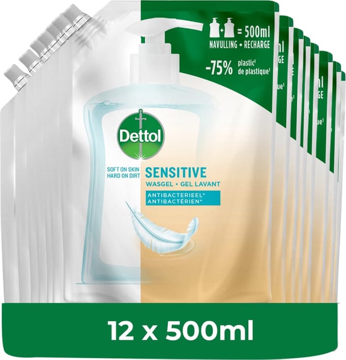 Dettol - Handzeep - Antibacterieel - Navulling Sensitive - 12x 500ML - Voordeelverpakking