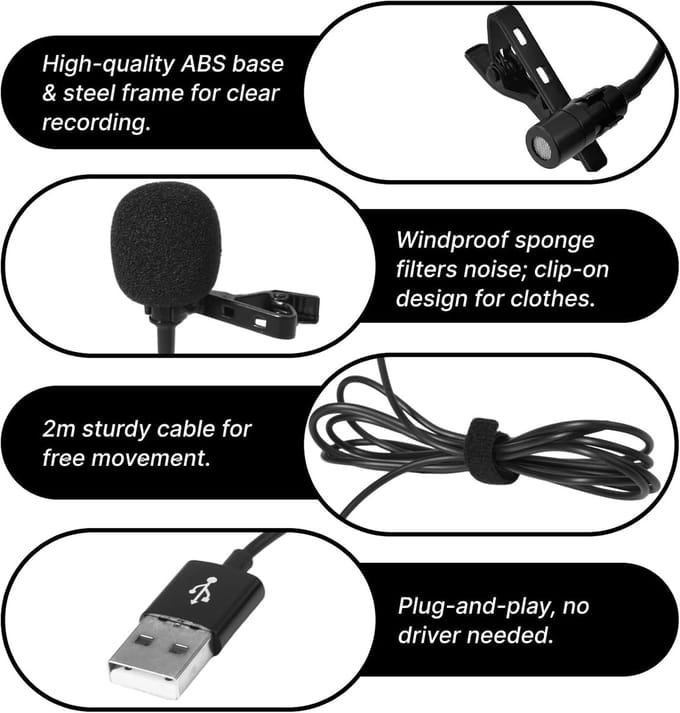 SnelShoppen - USB Lavalier Microfoon 1.5 m, Plug & Play Mini Microfoon voor PC, Mac, Laptop, Ideaal voor Youtube, Skype, Opnames, Podcast en Games