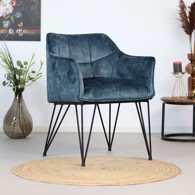 Bronx71® Velvet eetkamerstoel Jayron blauw - stoel