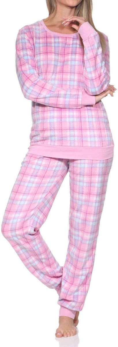 Normann fleece damespyjama met lange mouwen en manchetten in coole look