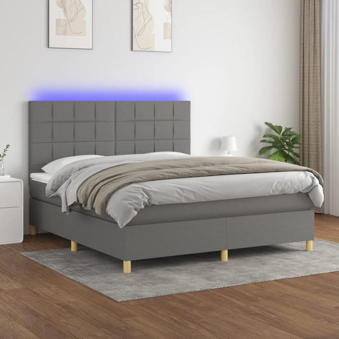 vidaXL - Boxspring - met - matras - en - LED - stof - donkergrijs - 180x200 - cm