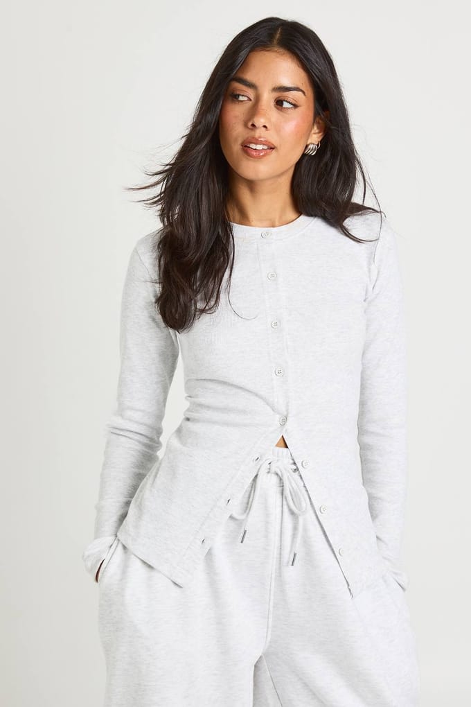 boohoo Dames Geribbelde Doorknoop Lange Mouw Top Trainingspak | Asgrijs | Maat: XL