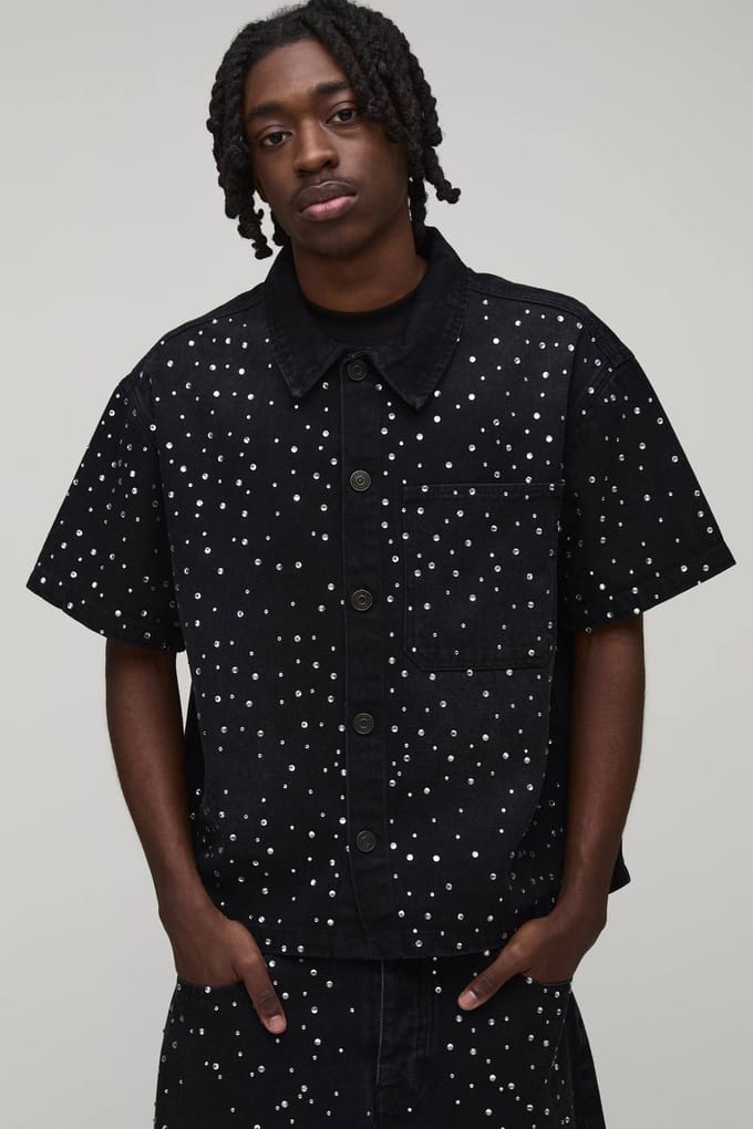 Gewassen Denim Overhemd Met Strass Oversized Boxy Revere Kraag | Washed Black | Size Medium
