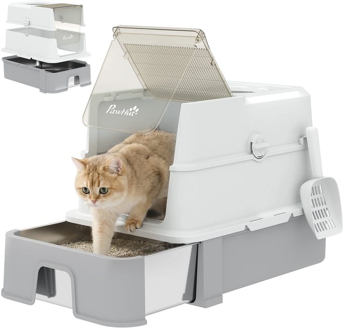 PawHut Cat Litter Box-201 Edelstahl, ABS-60L x 40B x 45H cm-Grau