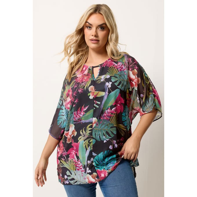 Yours Zwarte Top Met Tropische Print En Keyholedetail Size 48