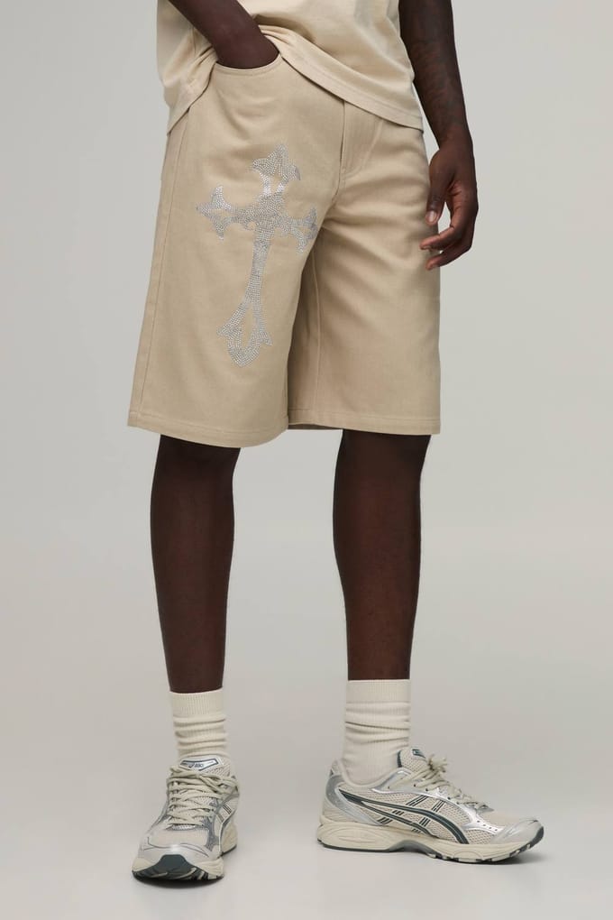 Ontspannen Pasvorm Middellange Short Met Strass Kruis | Stone | Size 30