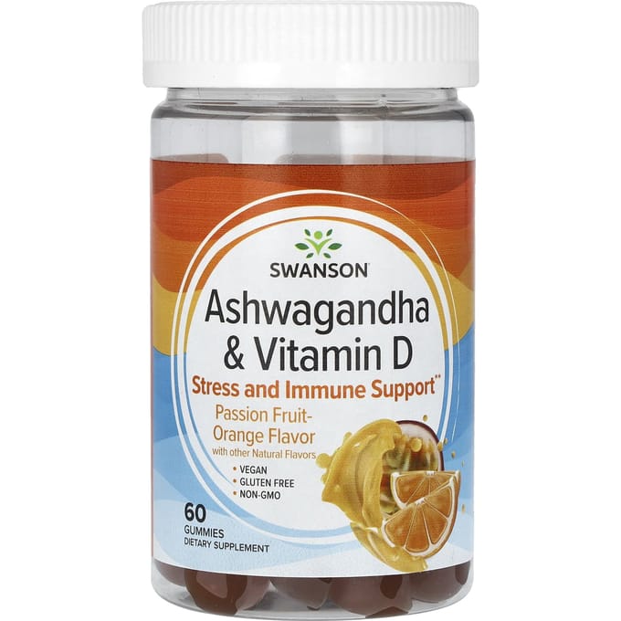 Ashwagandha & Vitamine D, Passievrucht-Sinaasappel, 60 Gummy's