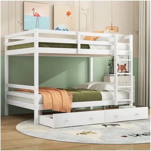 Merax Stapelbed 140 x 200 cm met 2 grote lades - leuning en trap - MDF hout - wit