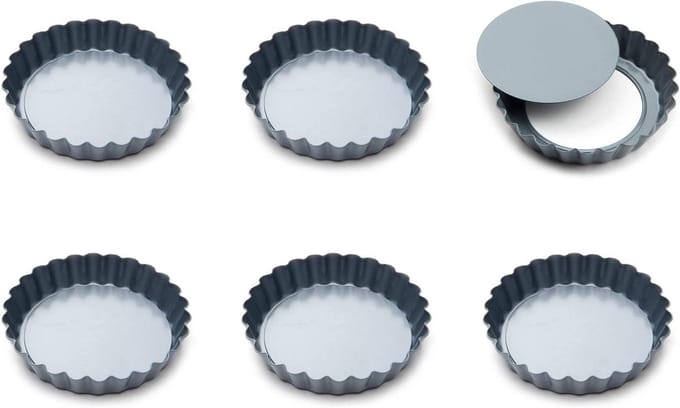 Fox Run 44460 Set van 6 losse bodem Mini Tart en Quiche Non-Stick Bakpannen, staal, grijs