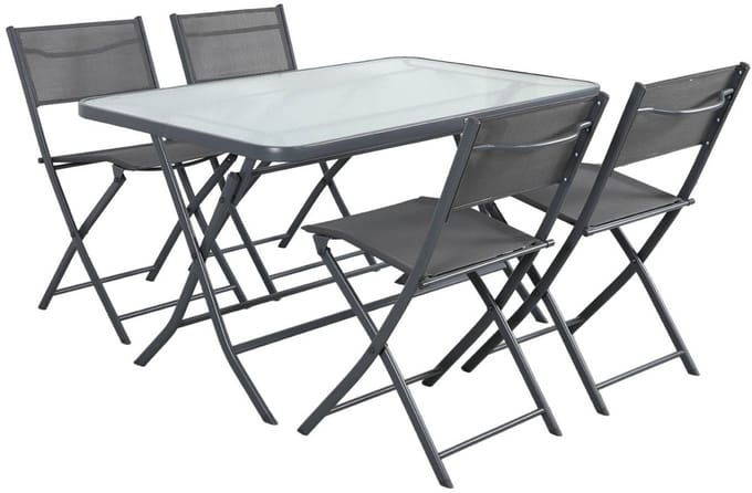 sweeek - Opklapbare tuintafel staal en veiligheidsglas + 4 stoelen textileen en staal - ancona