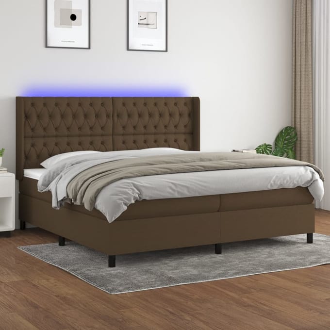 vidaXL - Boxspring - met - matras - en - LED - stof - donkerbruin - 200x200 - cm