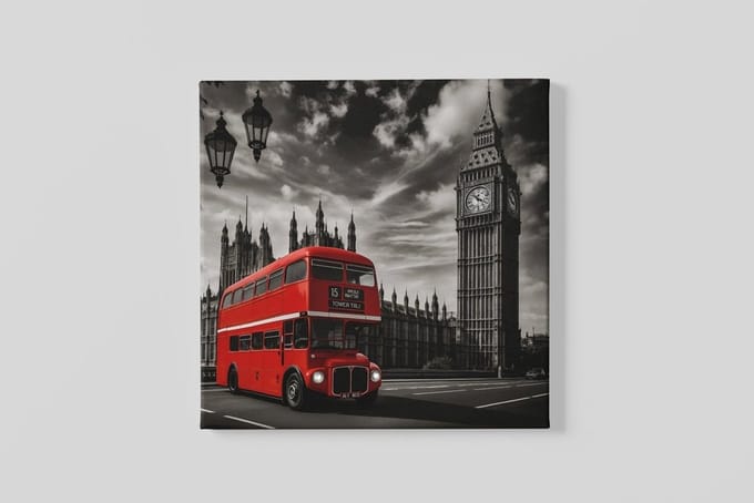 Vierkant Canvas Schilderij - Rode Dubbeldekker Bus- Londen - 100x100 cm