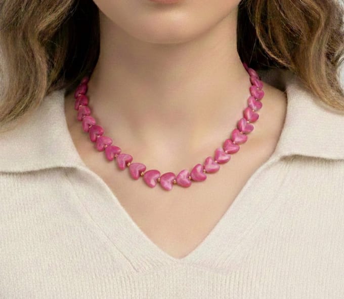 Hartjesketting - roze/fuchsia - goud - stainless steel