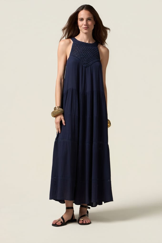 Oltre Long Dress With Crochet Insert Blue Größe: M | Maxikleider Outlet | Damen | Blau
