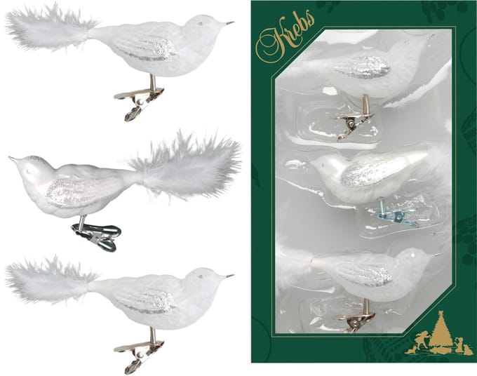 Krebs Decoratie vogels - 6x - wit - 11 cm - op clip - glas - kerstboomversiering