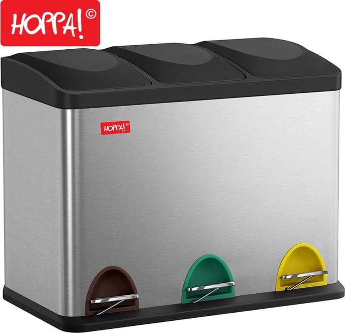 Hoppa! - Driedubbele Afvalbak - Zilver - RVS 45 liter