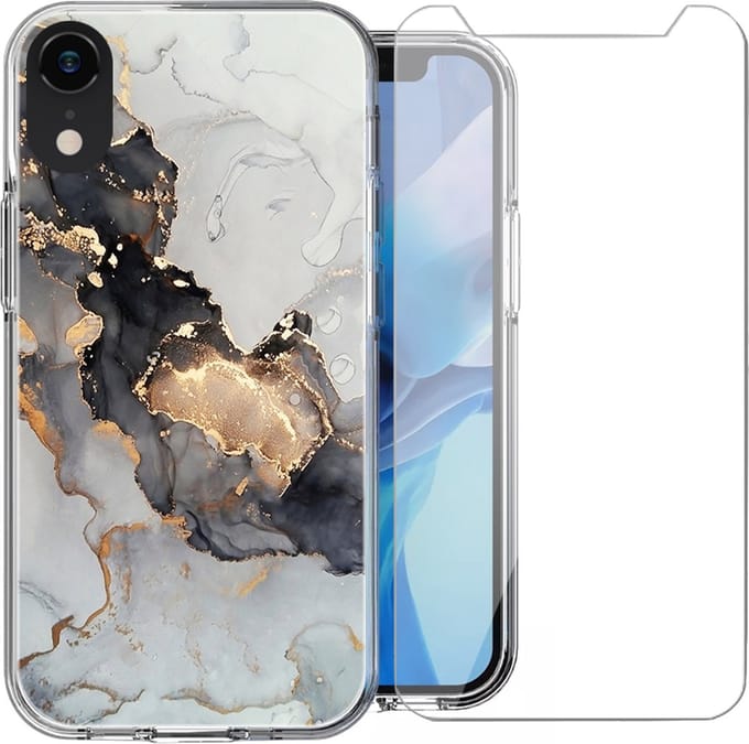 Hoesje geschikt voor iPhone XR - Siliconen Shock Proof Case Back Cover Hoes Marmer Goud + Screenprotector Gehard Glas Screen Protector
