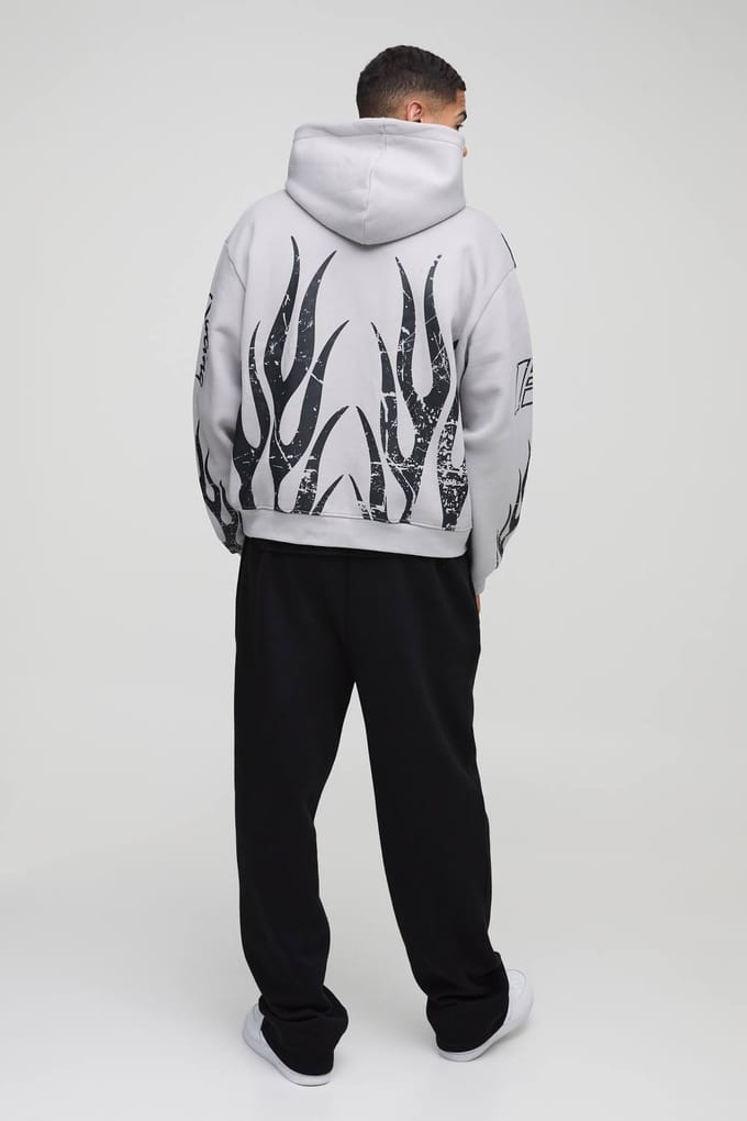 Oversized Boxy Moto Racing Flame Zip Through Hoodie | Grey | Size Small