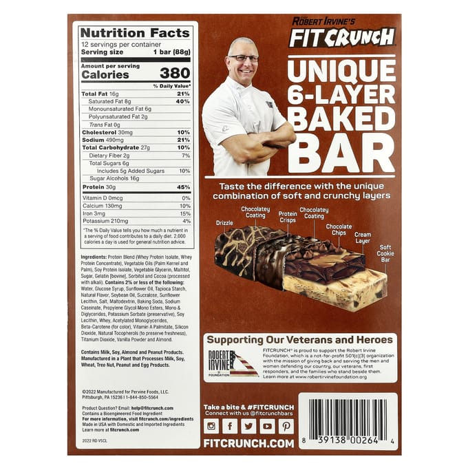 FITCRUNCH, Barres Cuites Protéines de Whey, Pâte à Cookie aux Pépites de Chocolat, 12 barres, 3,10 oz (88g) chaque