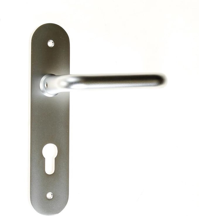 Deurkrukgarnituur aluminium op schild 45x210mm, D-model F1 afgerond model PC72