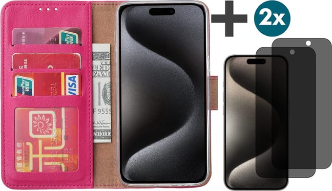 Hoesje met Privacy Screenprotectors 2 Stuks Geschikt voor iPhone 15 Pro – Arara bookcase met pasjeshouder - Roze