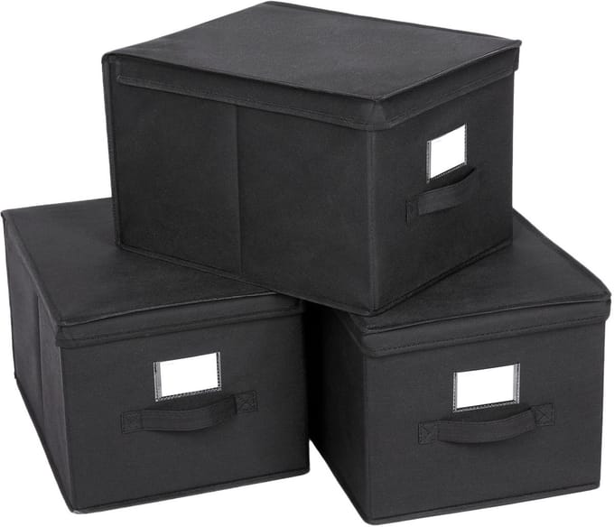 SONGMICS - Opbergbox - Set van 3 - Vouwbaar met Deksel - Met Labelhouder - Zwart
