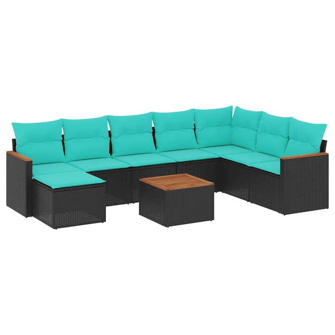vidaXL - 9-delige - tuinbankset - met - kussens - van - zwart - polyrotan
