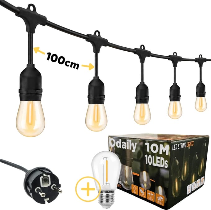 Odaily Lichtsnoer Buiten - 10m - 10 LEDs - Warm Wit Licht - IP65 - Professionele Kwaliteit