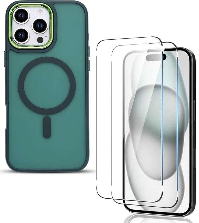 Matte magnetische hoes Geschikt voor: iPhone 16 Max Pro - Compatibel met MagSafe + 2x Screenprotector - Matte achterkant - Groen