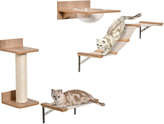 PawHut Kattenklimmuur met 4 Delen en Hangmat - Kattenmuur - Muurkrabpaal - Klimwand voor Katten - Lichtbruin
