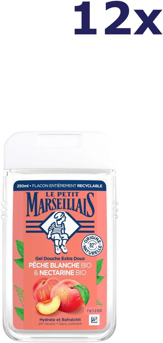 12x Le Petit Marseillais douchegel 250ML peche blanche & Necartine BIO