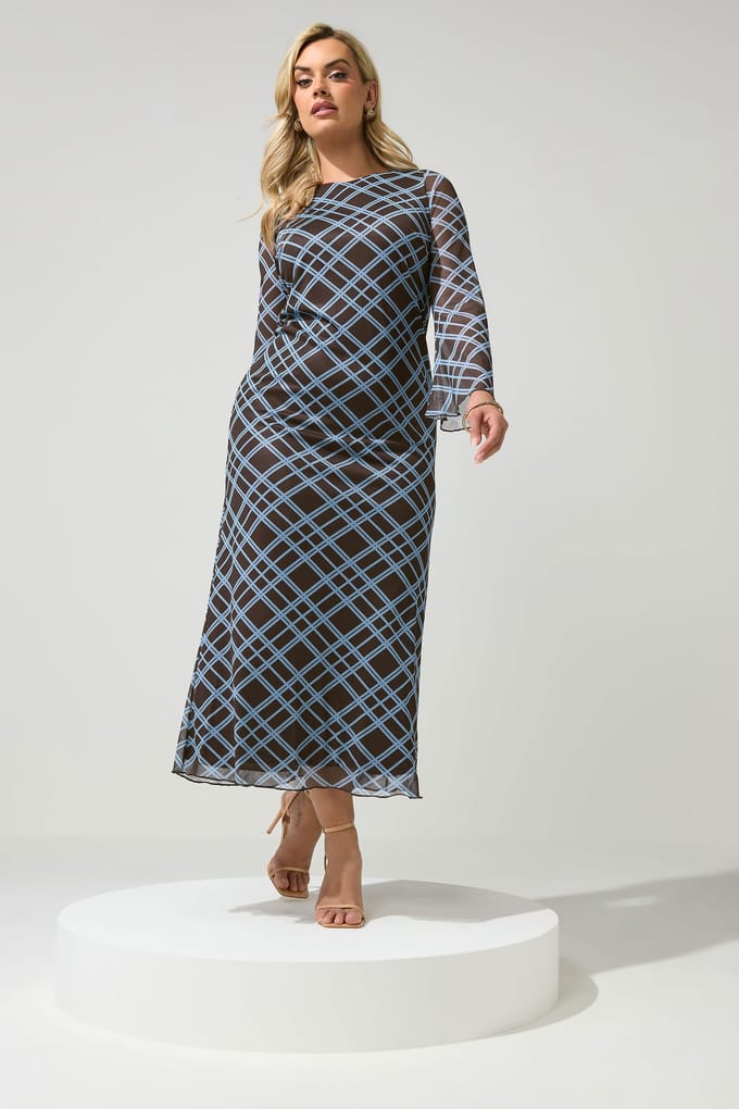 Yours London Chocoladebruin En Blauw Geruite Mesh Jurk Size 52
