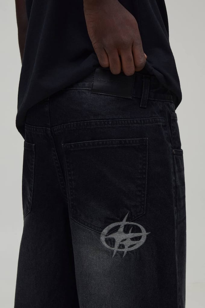 Baggy Jeans Met Geborduurd Achterzakontwerp | Washed Black | Size 36