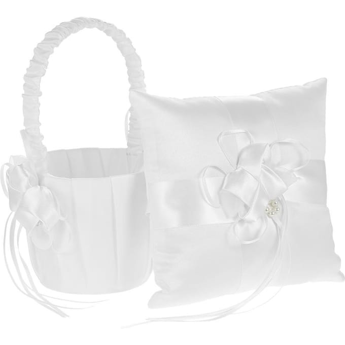 7 * 7 inch Ivoorwit Satijn Bloemen Strik Ringkussen en Bruidsmeisjesmandje Set white
