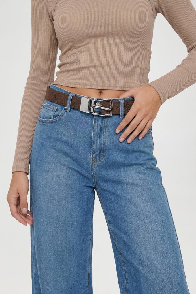 boohoo Dames Riem Met Zilveren Gesp Omkeerbaar | Chocolate | Maat: Small/Medium