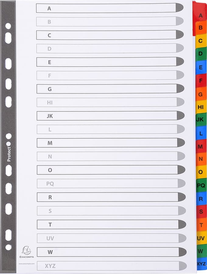 Exacompta 10x Tabbladen karton 160g - versterkte gekleurde tabs + inbdexblad - 20 tabs - A tot Z - A4 - Wit - 1111E