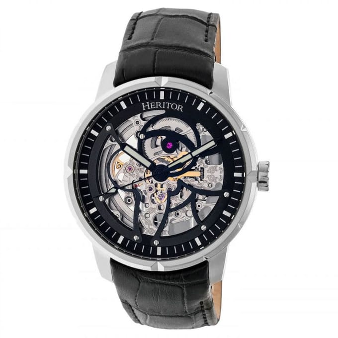 Heritor Automatic Ryder Skeleton leren band horloge - Zwart/Zilver