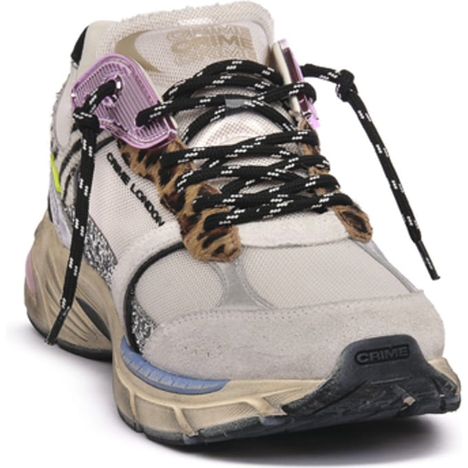 Crime London dames sneaker Goodchaos suède en mesh wit zilver leopardprint
