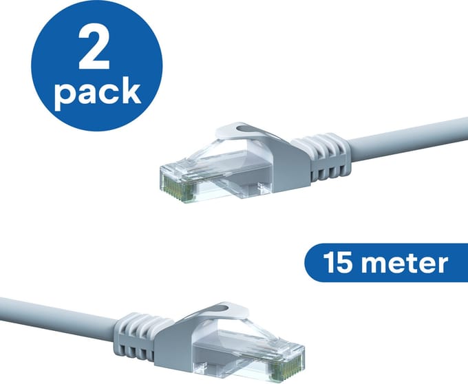 Danicom CAT6 UTP patchkabel - 15 meter wit - CCA - 2 stuks - netwerkkabel - internetkabel - UTP kabel - RJ45 - 1000 mbit/s