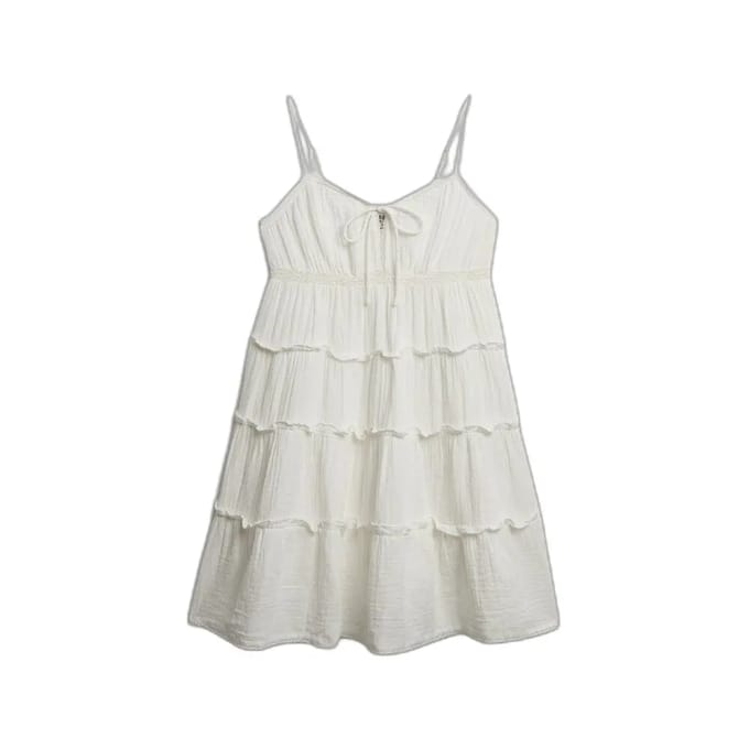 Superdry Cheesecloth Tiered Mini Mouwloze Korte Jurk Wit M Vrouw