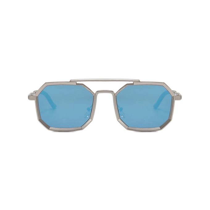 Metalen Retro Zonnebril Achthoekig Zilver Blauw