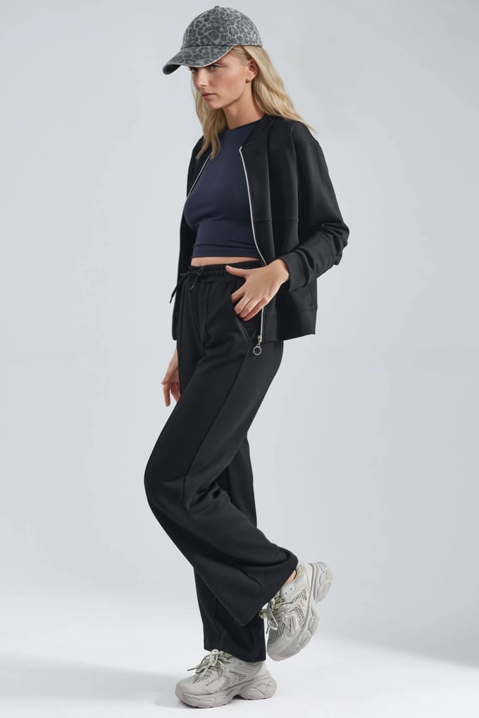 Modal Touch Sweater met Rits en Geribbelde Broek Set