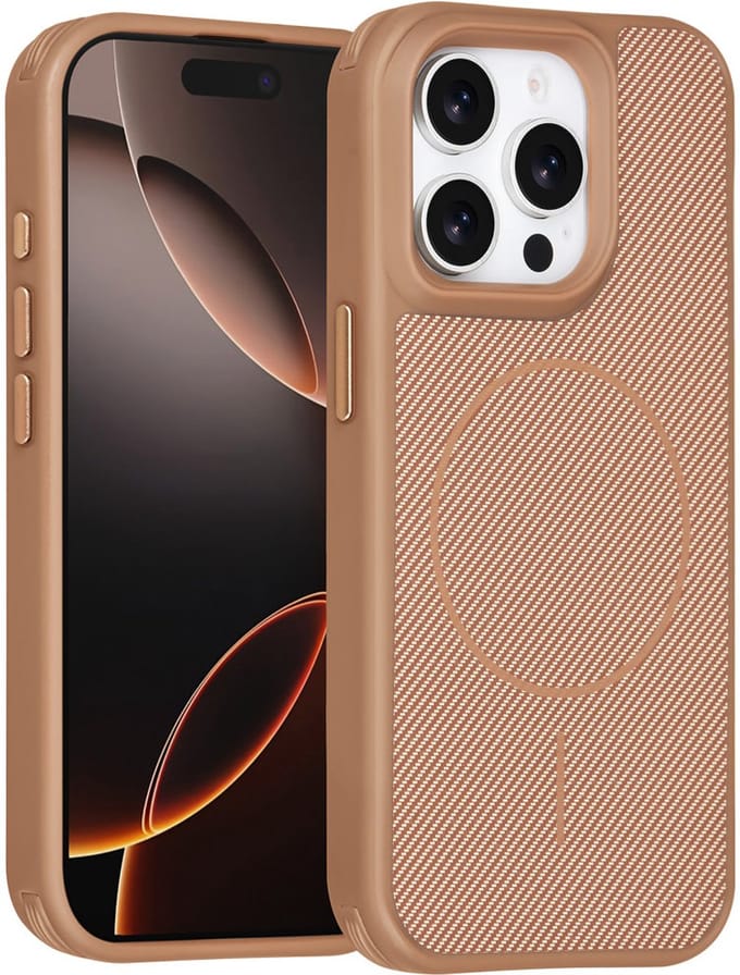 TUNIQ Back cover voor iPhone 15 Pro - Gold - Carbon Fiber - Antishock - MagSafe
