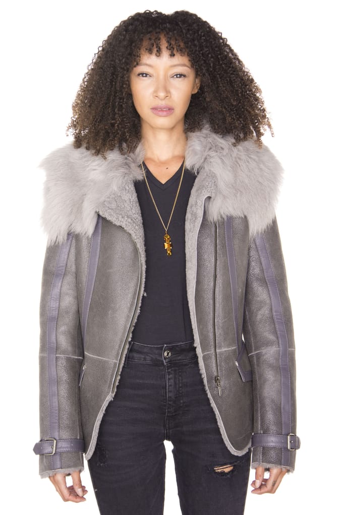 Grijze Toscana Shearling vliegende jas voor dames, Teresina
