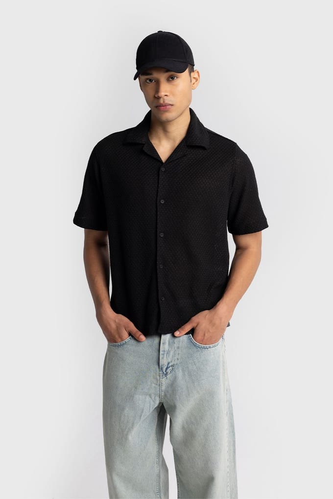 Heren Textured Katoenen Korte Mouwen Shirt